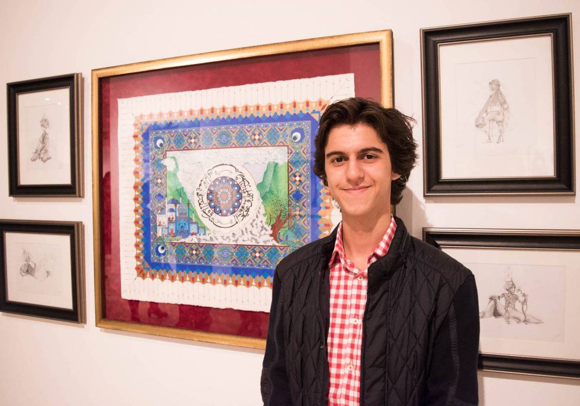 Christian Brothers College Fremantle graduate Yusef Hourani with his work, 'Wahdat Al-Wujud' at the opening of the Year 12 Perspectives 2016, on 7 February, 2017. 