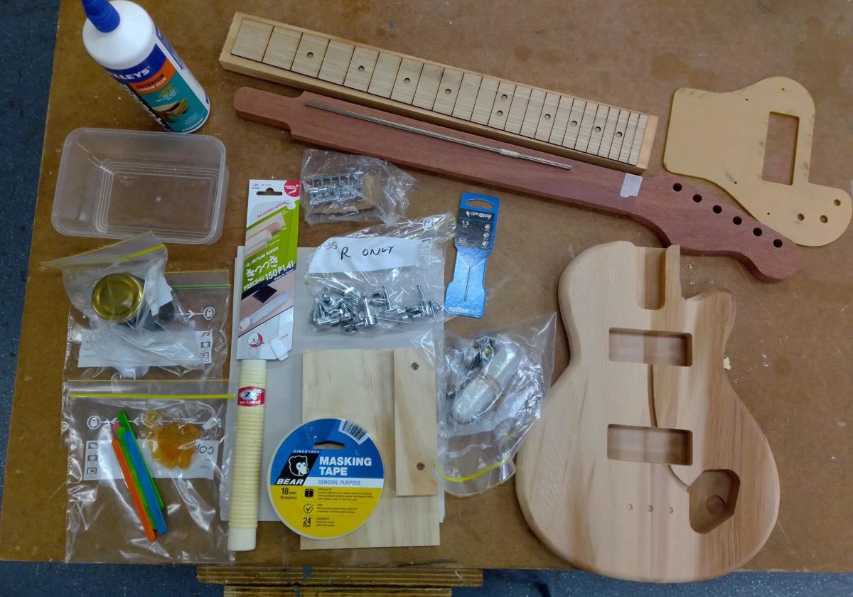 An electric guitar construction pack prepared for Sacred Heart College's Year 12 Materials Design and Technology class.