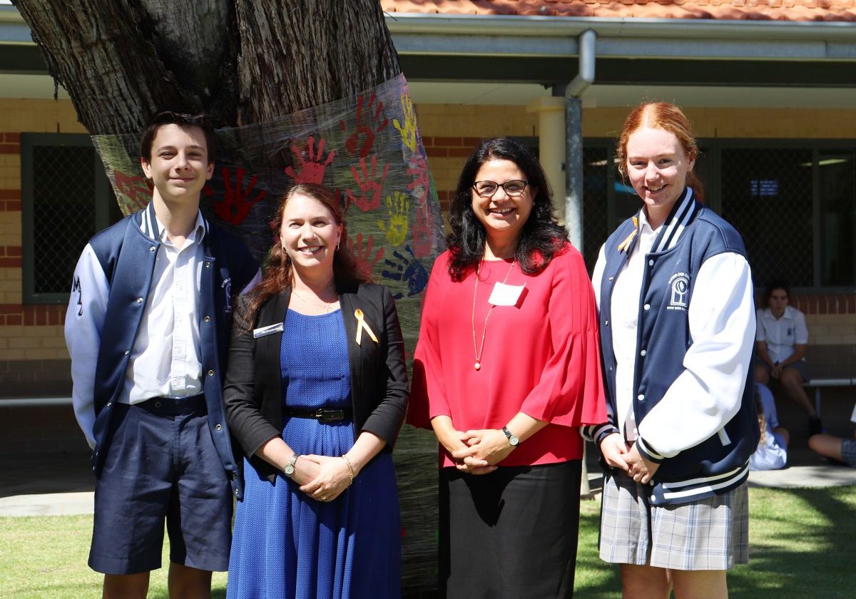 CEWA Executive Director Dr Debra Sayce visits students and Principal Annette Morey at Mater Dei College in the lead up to the National Day of Action Against Bullying and Violence